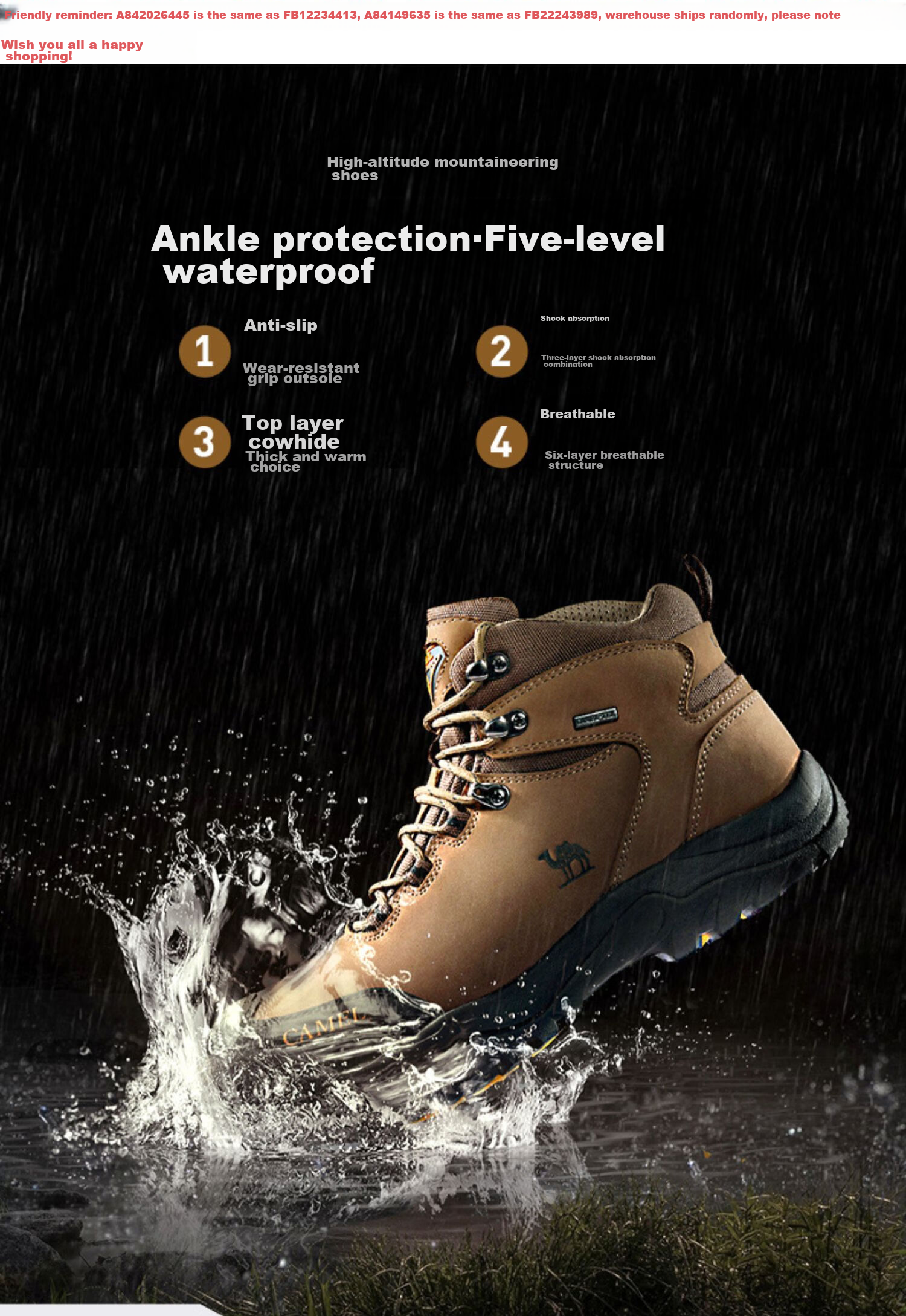 CAMEL Outdoor Hiking Boots for Men And Women, Waterproof Non-Slip Trekking Shoes with Shock Absorption, Wear-Resistant High-Top Work Boots Made of Cowhide Leather 2