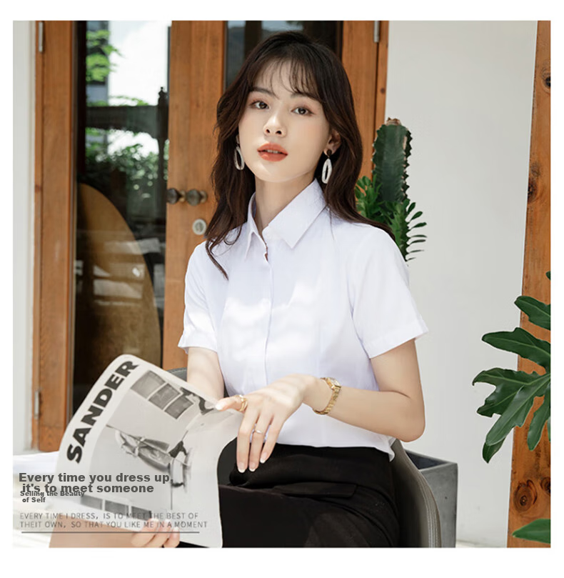 XUEXIMAN Short-Sleeve Shirt for Women, Work Uniform Blouse, Business Casual Slim-Fit Professional Wear, Summer Work Clothes, Square Collar, White 10