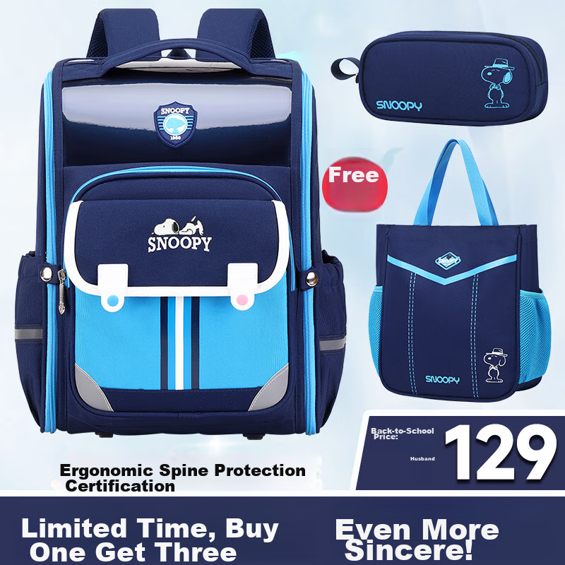 SNOOPY Backpack for Primary School Boys Grades 1-6, Large Capacity Lightweight Reduced Burden Children's Spine Protection Double Shoulder Bag for Girls, Light Blue