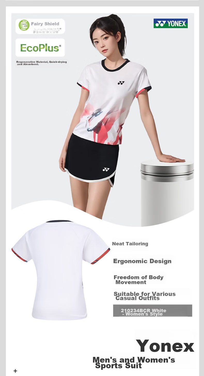 YONEX Badminton Outfit, Comfortable And Breathable, Running And Fitness Short-Sleeve Skirt Set, 210234BCR White XO 7