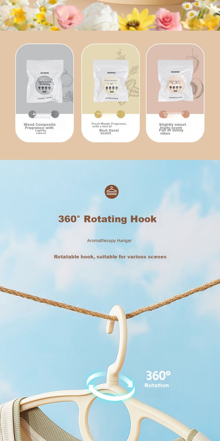 Ecoco Clothes Hangers for Home And Student Dormitory, Non-Slip, Seamless, with Fragrance Diffuser, Anti-Mite And Insect Repellent, Drying And Storage 3