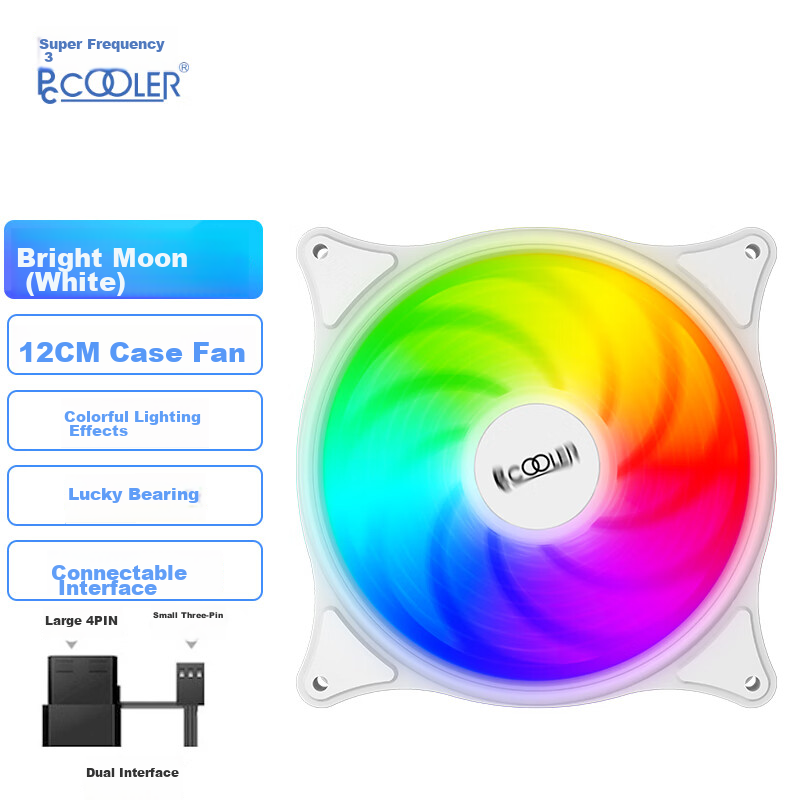 PCCOOLER Bright Moon White SRGB 12CM Case Fan (Colorful Lighting Effects/come-Back Bearing/vibration Reduction Foot Pad/serially Connectable Interface)