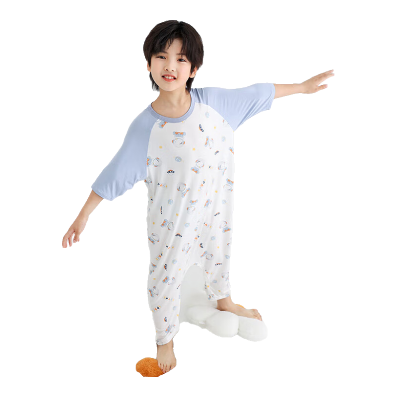 Hodo Children's One-Piece Pajamas, Spring And Summer Three-Quarter Sleeve, Youkesi Boys And Girls Loungewear, Thin Style, Tummy Protection, P3001 Blue-Gray, Size 110