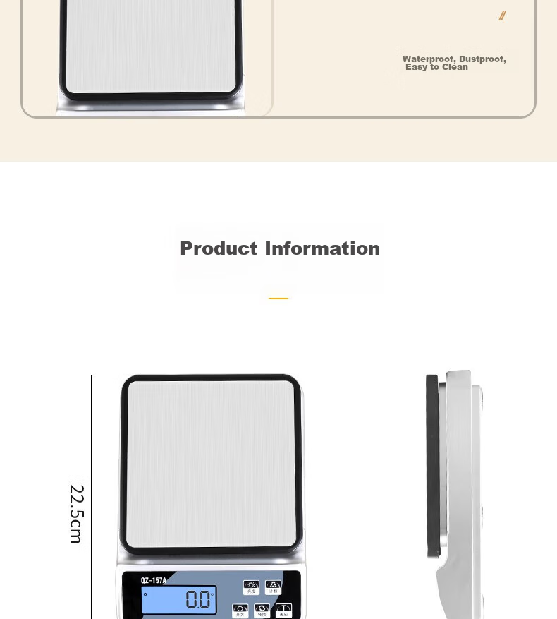 BJ Electronic Kitchen Scale, Stainless Steel Weighing Surface, Baking Scale, Gram Scale, Waterproof Food Scale, 15kg/1g Capacity Scale 16