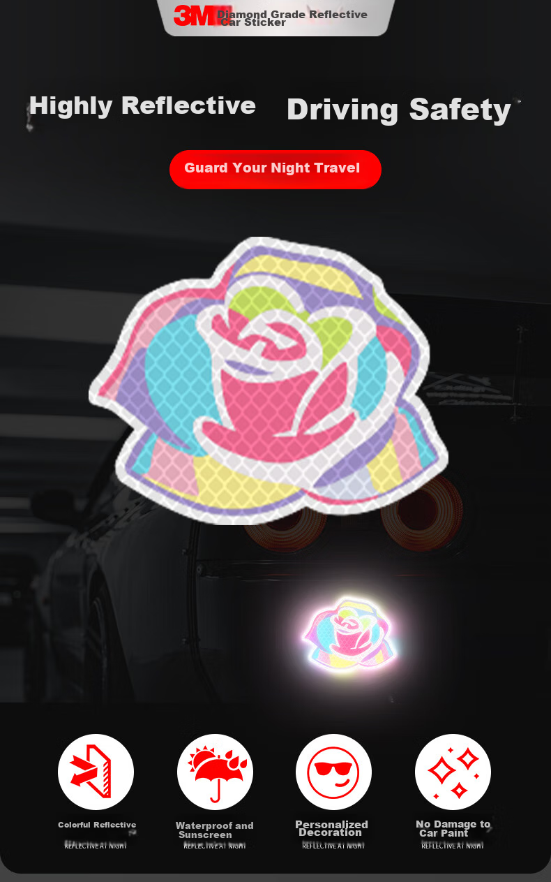 3M Reflective Warning Tape Label Night Glow Sticker for Electric Bikes Motorcycles Cars Scratch Cover Diamond Grade - Multicolor Rose - 11.3cm*9cm (1 Piece/bag) 1