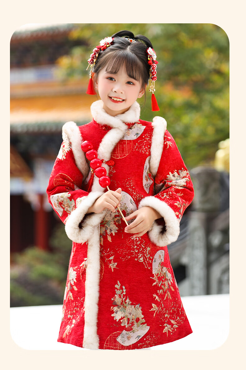 ROMON Red Velvet Qipao New Year Greeting Dress Girls' Chinese New Year Outfit Children's Performance Costume Red 160 8