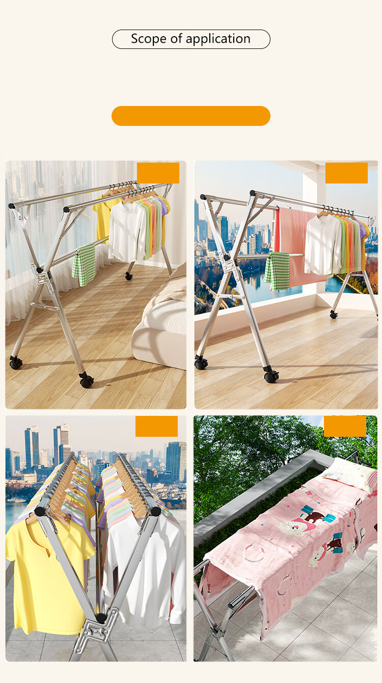 Huakaizhixing Folding Clothes Drying Rack, Floor-Standing Stainless Steel Clothes And Quilt Drying Stand, YJ67 Three-Rod + Wheels, Heightened, 2 Meters 16