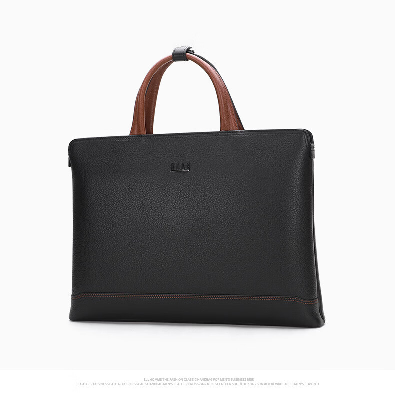 ELLE HOMME Men's Business Briefcase, Fashionable Genuine Leather Handbag, Horizontal Trendy Simple Cowhide Men's Bag, 12510 Black 9