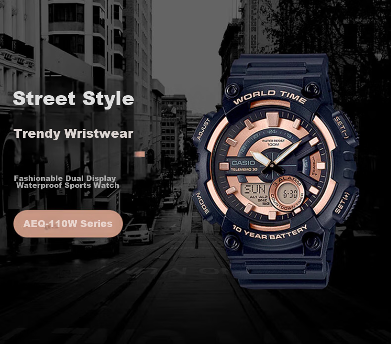 Casio Men's Sports Multifunctional Dual Display Waterproof Solar-Powered Electronic Watch, Student Gift AEQ-110W 10