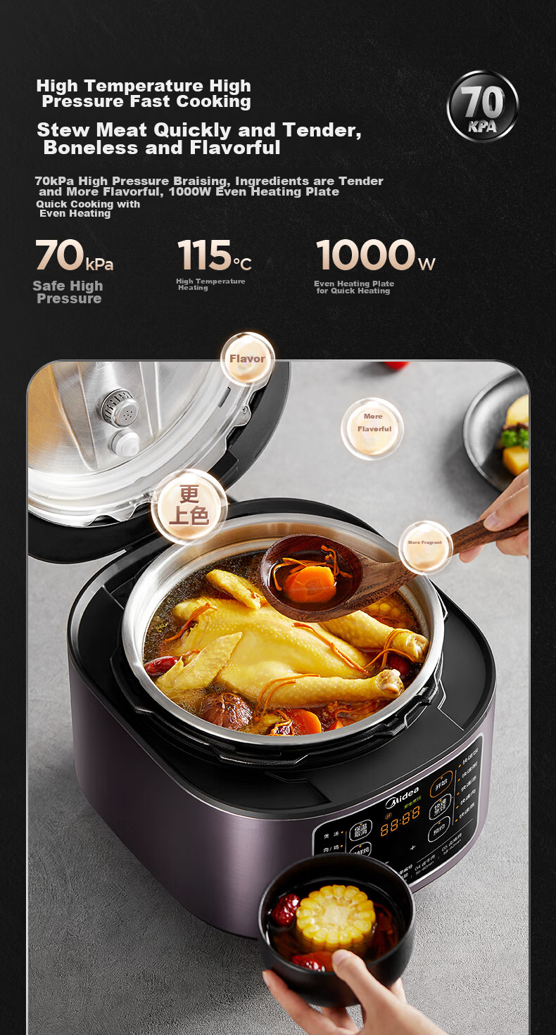 Midea Electric Pressure Cooker, 5L Stainless Steel Inner Pot without Coating, Household High-Pressure Cooker, Multifunctional Smart Lid with Timer, Steam And Boil Separately, Less Salt for Better Flavor, MY-C540G 12