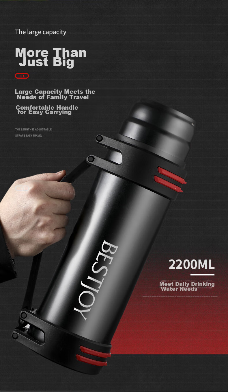 FUGURNG BESTJOY Insulated Bottle Large Capacity 304 Stainless Steel Thermos for Men, Car And Outdoor Portable Travel Bottle 2.2L Black 4