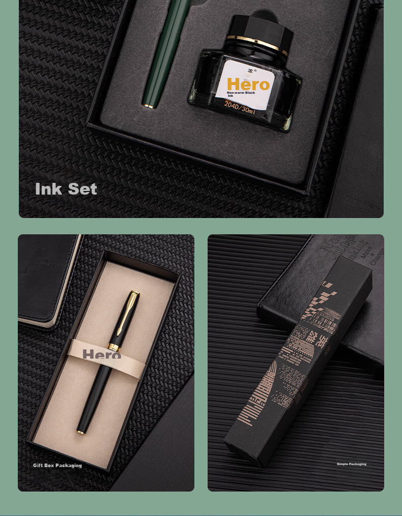 HERO Fountain Pen E609 Extra Fine Iridium Daily Writing Business Calligraphy Practice Pen for Third Grade Elementary And Middle School Students, Boys And Girls Ink Pen Twilight Green Simple Packaging EF Hidden Nib 14