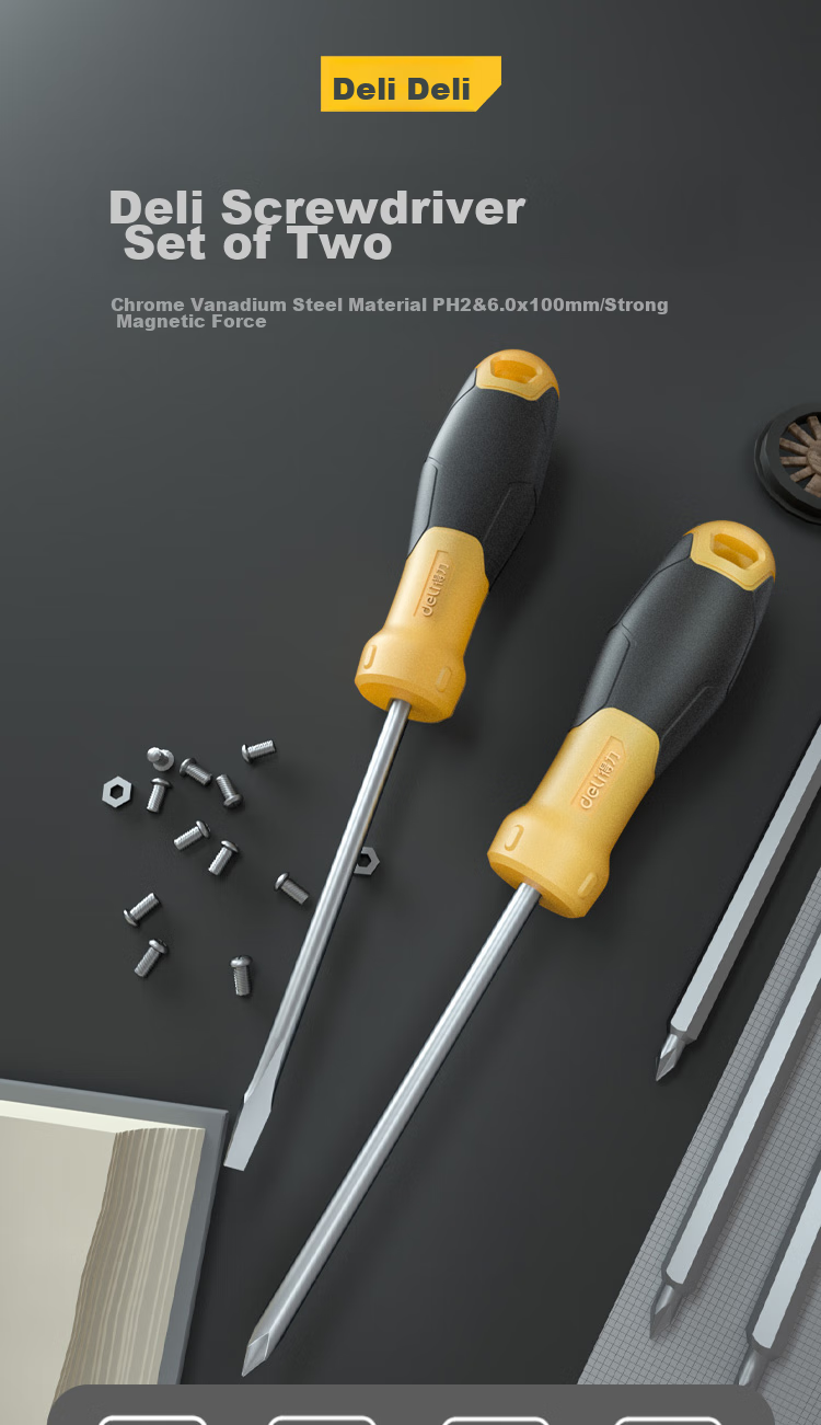 Deli Rubber Handle Screwdriver Set with Phillips And Flathead Bits, Magnetic Screwdriver Repair Tools, 2-Piece Set 1
