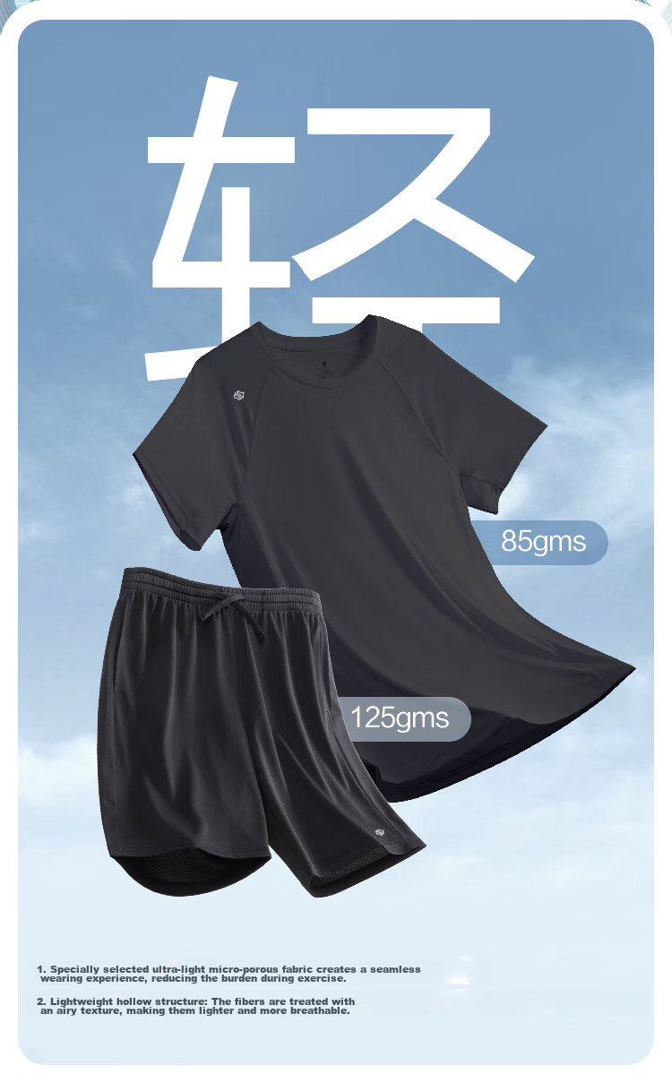 JD Original [Ultra-Light Set] Moisture-Wicking Quick-Dry Running Sports Round Neck Short Sleeve Five-Point Shorts for Men, Spring And Summer, Black S 7