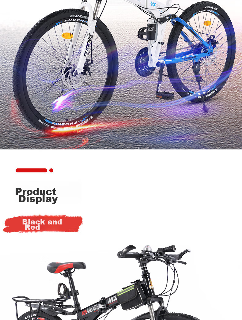 Phoenix Folding Mountain Bike, 27-Speed, Disc Brakes, Shock Absorption, Gear Shifting, for Adults, Men And Women, Students, Road And Off-Road Bicycles 8