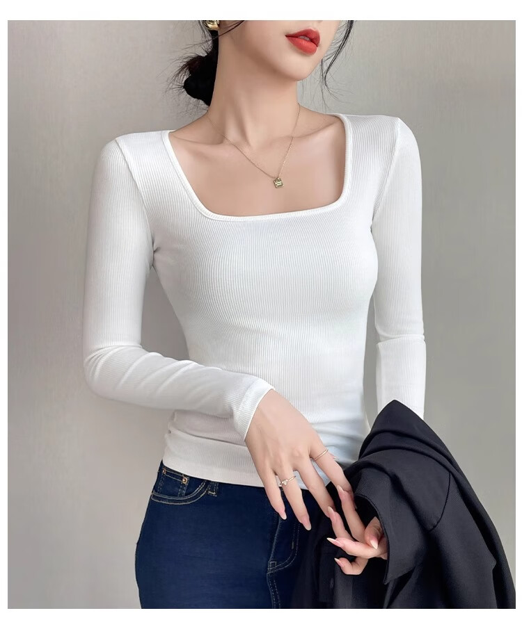 NOME Square Neck Ribbed Long Sleeve T-Shirt for Women, Autumn New Style Design Waist-Cinching Slimming Inner Layer Top, Black, M 13