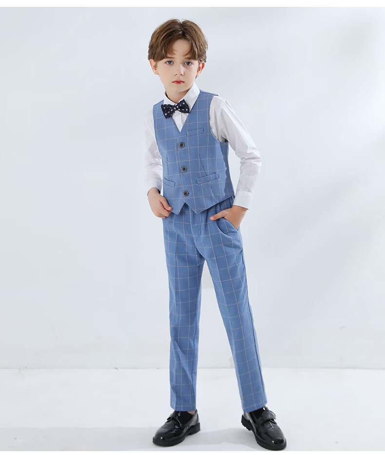 Yinuofang New Children's Suit Set Performance Outfit, Formal Wear, Host Attire for Boys, Blue Plaid, Size 160 8