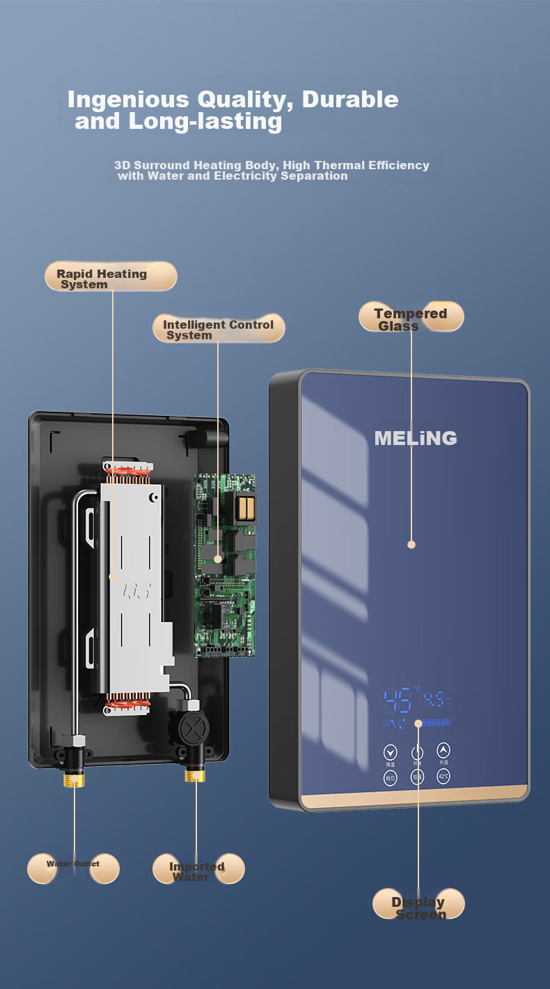 MeiLing Instant Hot Water Heater Mini Kitchen Treasure Fast Heating Household Electric Water Heater 5500W Adjustable Temperature Bathroom/rental House Shower No Storage Water Heater MJR-DC5550S 5