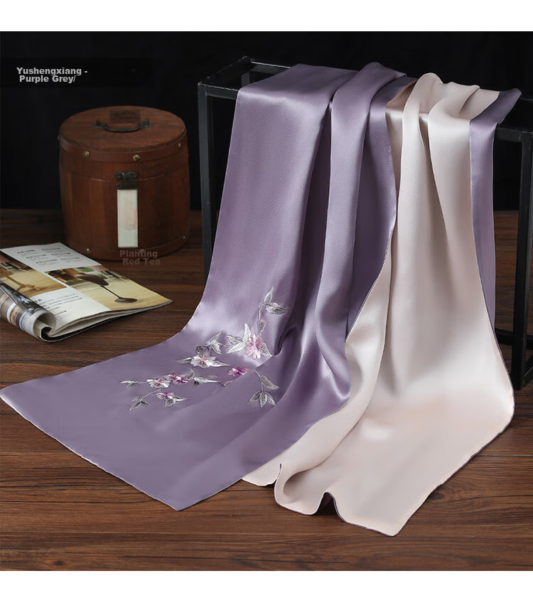 Shanghaigushi Silk Scarf for Women, Double-Layer Embroidery, 100% Mulberry Silk, Gift Box for Mom on Mid-Autumn Festival, Birthday Present, Purple And White 51