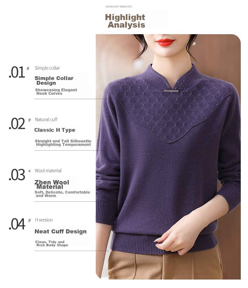 Hengyuanxiang Women's 100% Pure Wool Sweater, New Chinese Style Middle-Aged Mom's Outfit, 50-60 Years Old Stylish Zodiac Year Base Layer Red Sweater 6