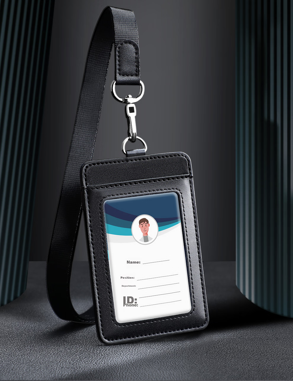 Jiaranheng Genuine Leather Work Badge, Corporate Employee ID Card Holder with Storage Slot, Neck Strap, Conference Access Pass, Work Permit Case, Cowhide Material, Customizable, Black Vertical Style 2