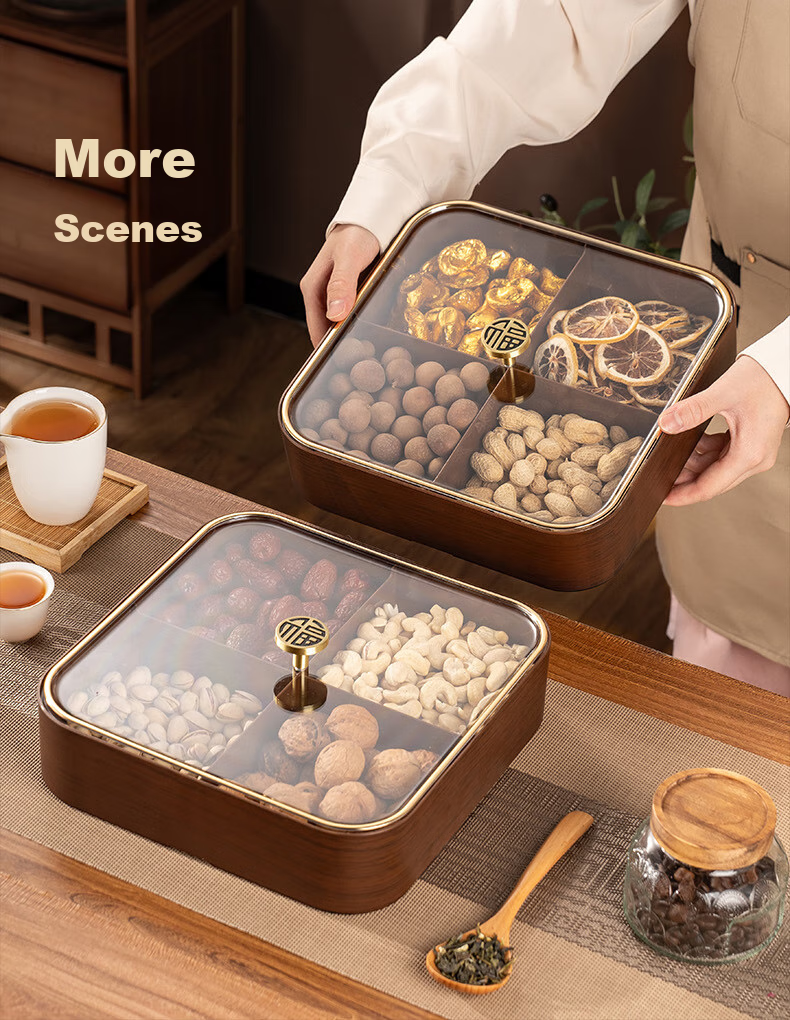CAIZHI Dried Fruit Plate, Fruit Bowl, Living Room High-End Wood-Like Nut Snack Box, Candy Storage Container, 4-Compartment Fruit Plate CZ6867 16