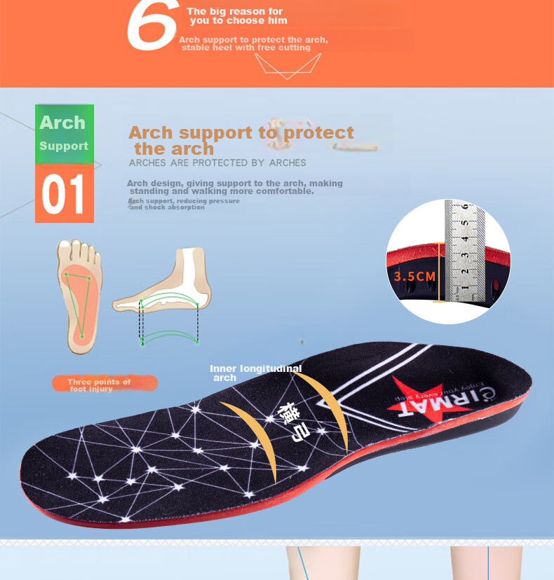 IQGD Sports Correction Insoles for Men And Women, Flat Feet Arch Support, Bunions Correction, Flat Sole 6667, Black And Red, Size XS 4