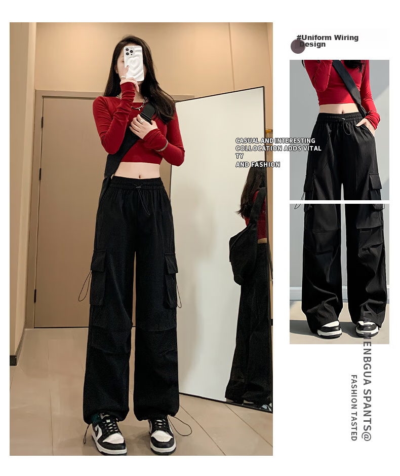 LangSha American-Style Parachute Cargo Pants for Women, Summer Ice Silk High-Waist Wide-Leg Loose Casual Quick-Dry Outdoor Sports Pants 3