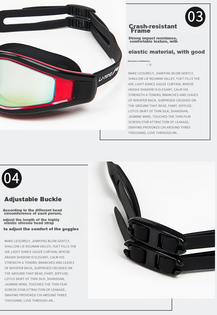 Li-Ning Swimming Goggles for Men And Women, Adult High Definition Waterproof Anti-Fog Large Frame Electroplated Swim Glasses LSJN598-1 Black And Red 18