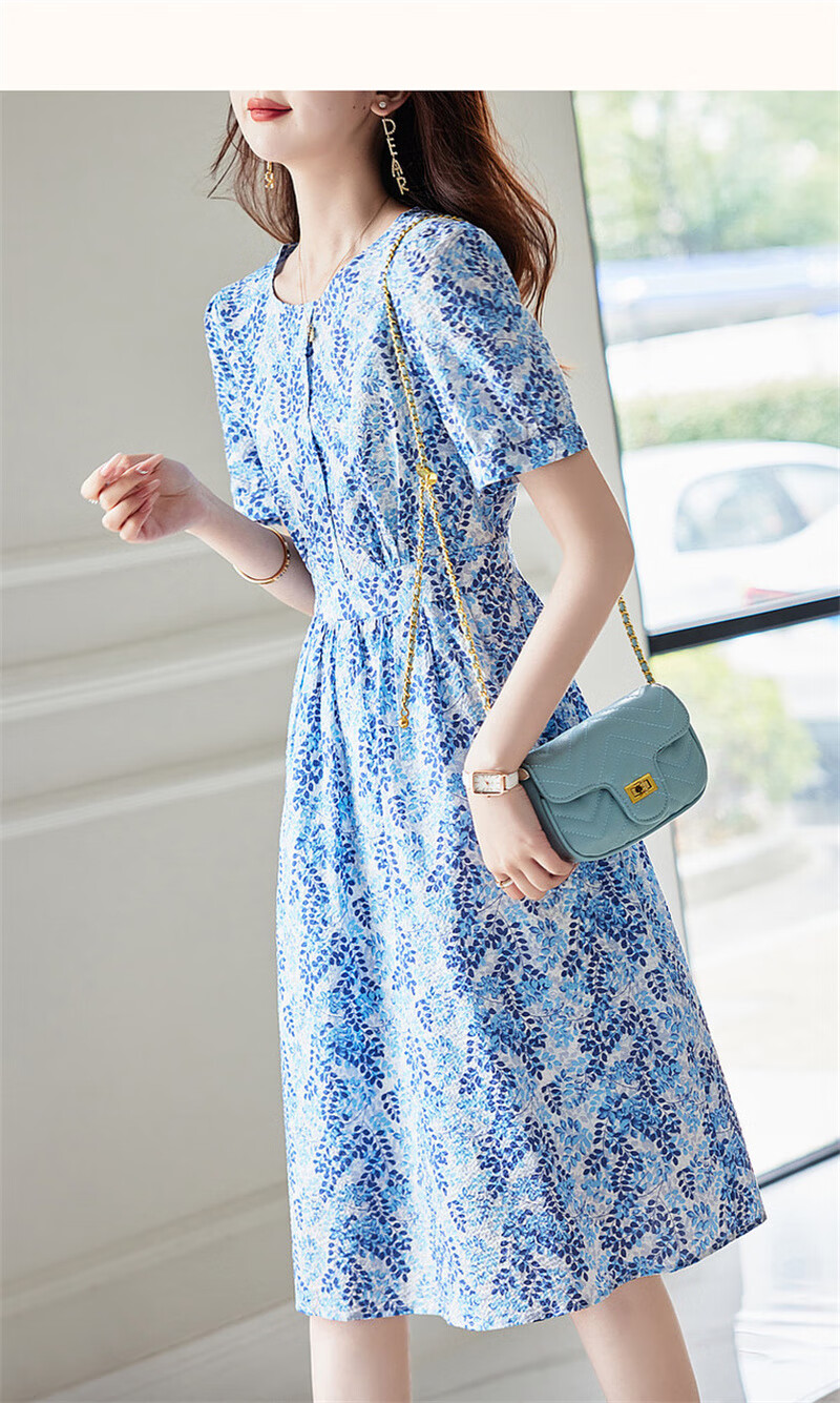 Dme [Monet Garden] Summer French Cloud Cotton Puff Sleeve High-Definition Printed Fitted Comfortable Easy-To A-Line Dress 13