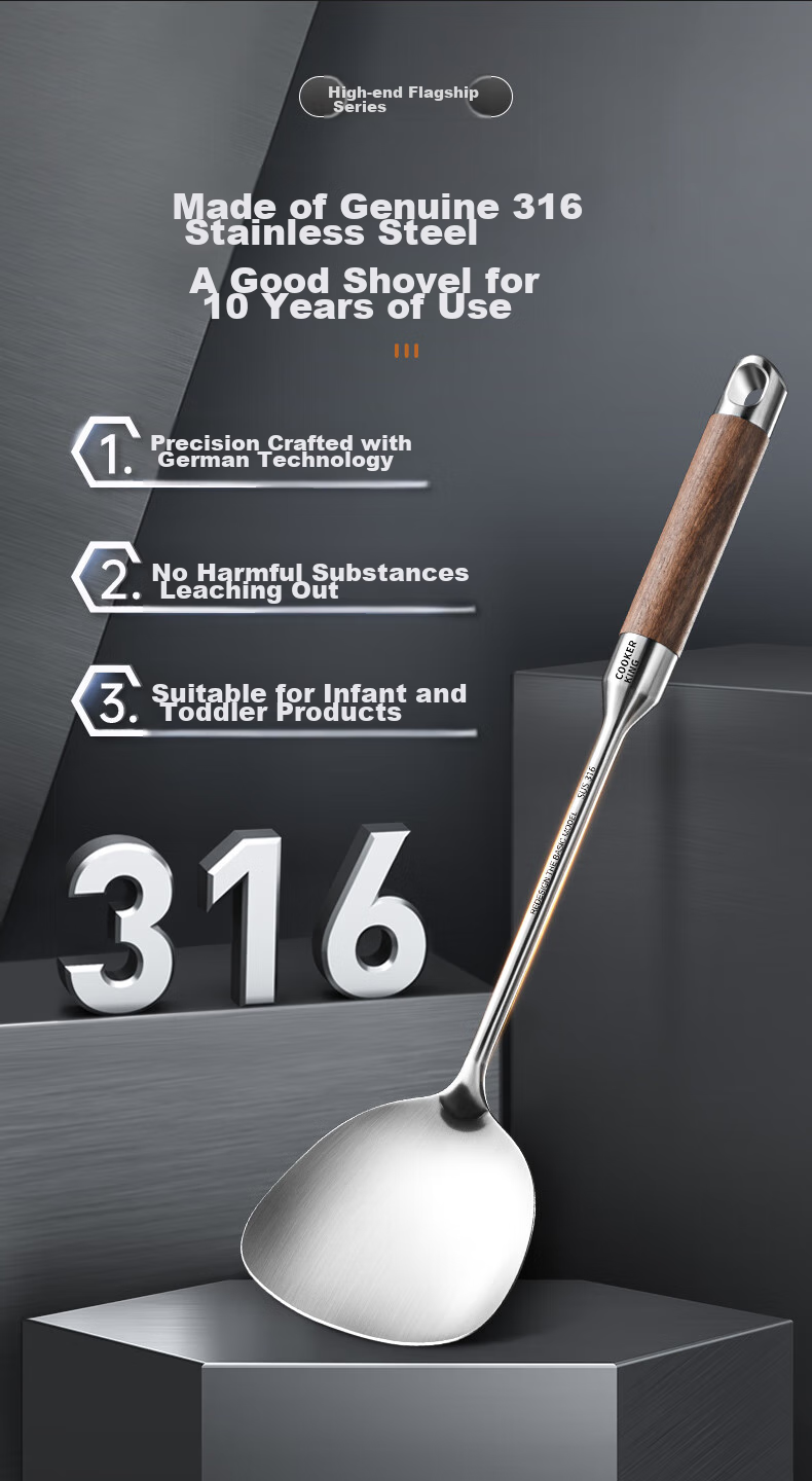COOKER KING 316L Stainless Steel Kitchen Utensil Set: Spatula, Soup Ladle, And Strainer (Set of Three) with Rosewood Handles 3