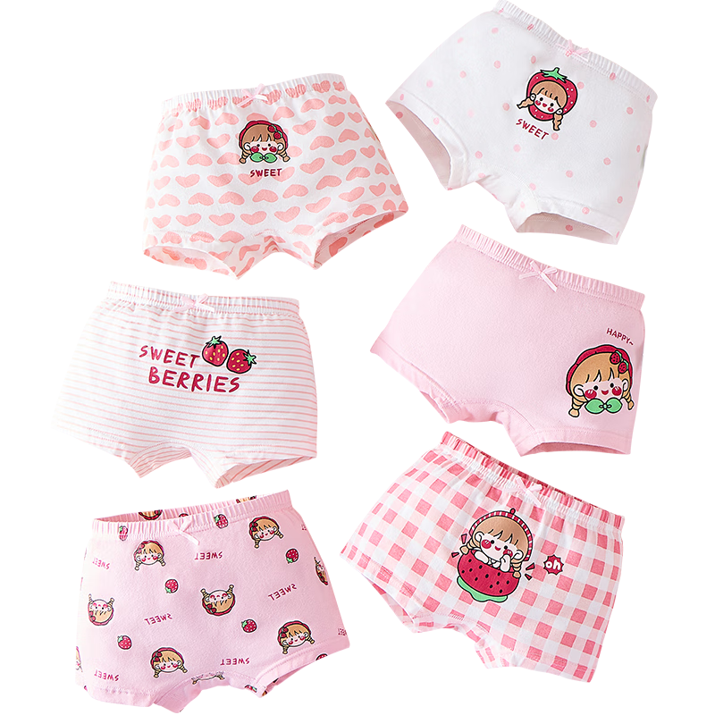 LangSha Children's Underwear, Girls' Panties, Class A Antibacterial Developmental Boxer Briefs, Baby Shorts, 6 Pieces, Strawberry Girl Design, Size 120