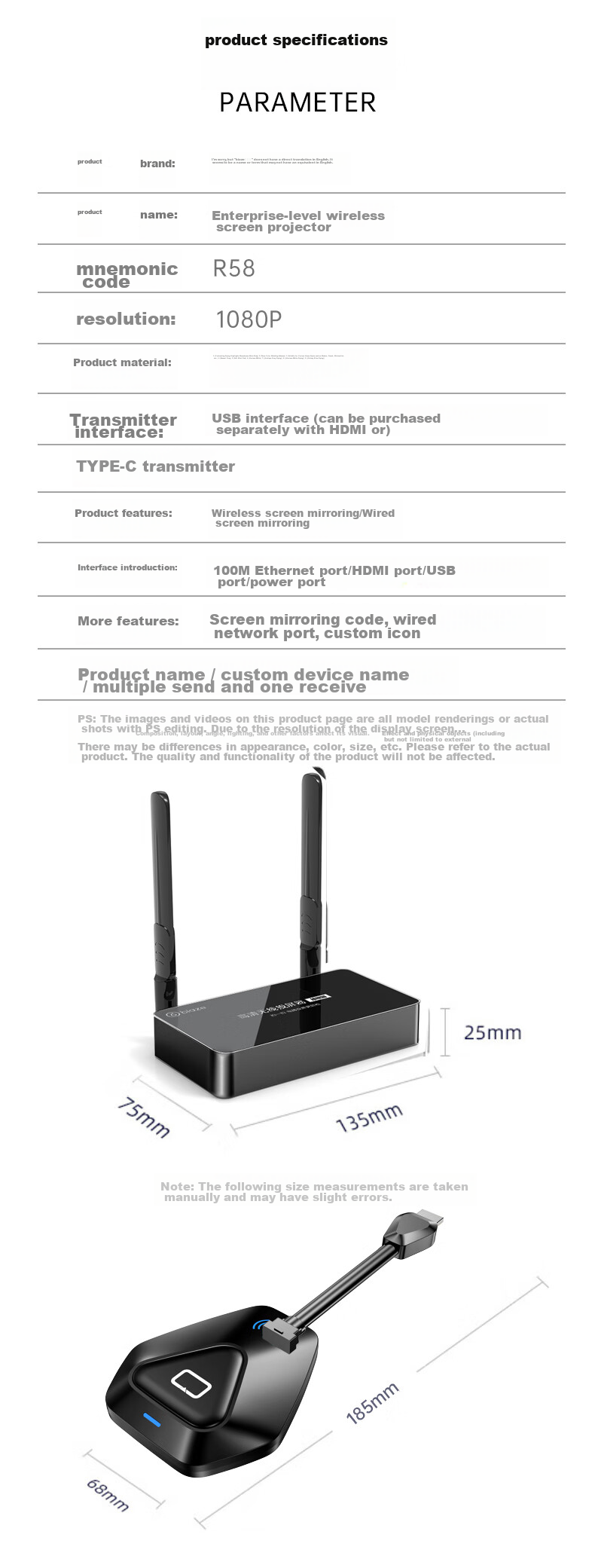 BIAZE HDMI Wireless Screen Mirroring Device, USB/Type-C Transmitter, Conference Screen Sharing Tool, Compatible with Smartphones, Laptops, for Connecting to TVs, Monitors, Projectors, Point-To Distance of 50 Meters 30
