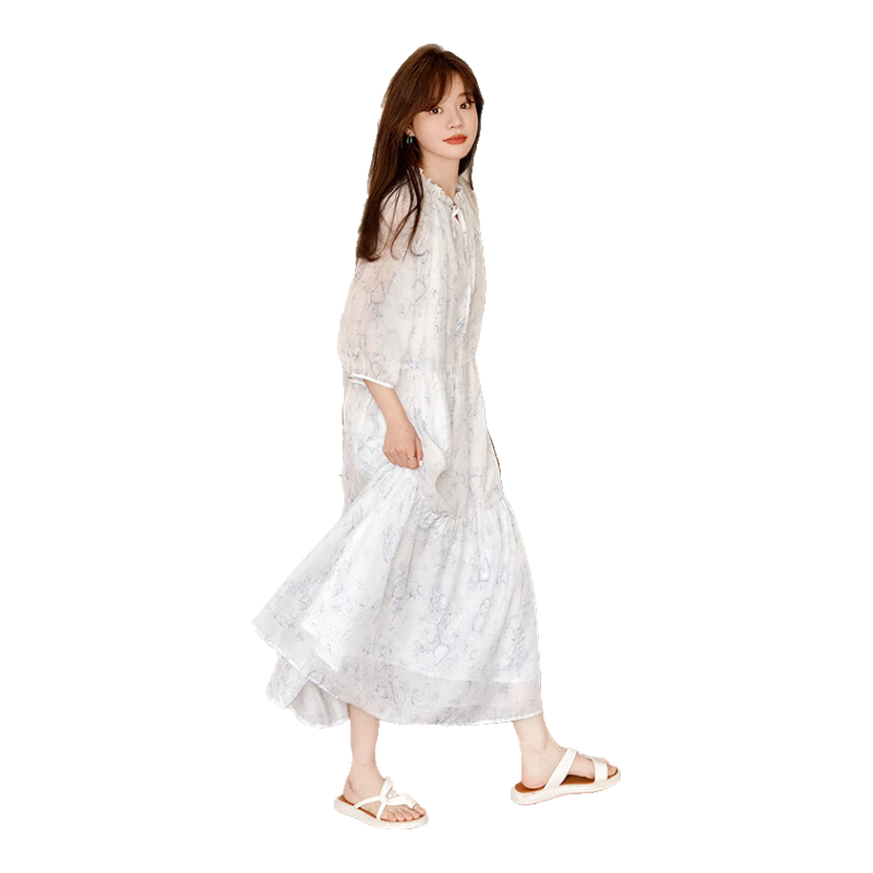 Dme [Small Floral Print Pleated Dress] Summer Fresh Three-Quarter Sleeve Long Dress, Printed, M