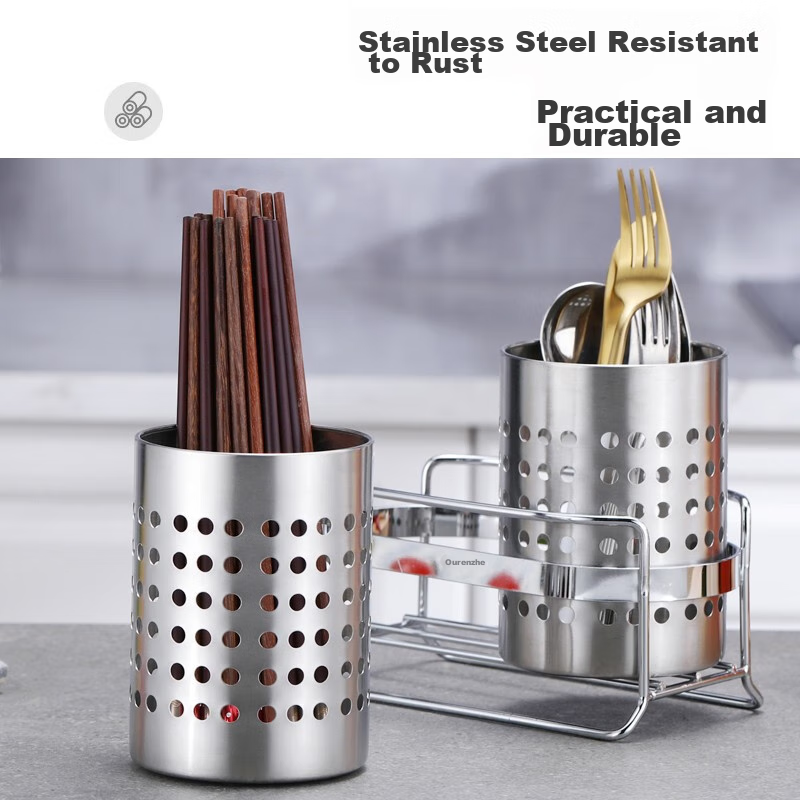 Ourunzhe Chopstick Holder, Household Stainless Steel Chopstick Tube, Thickened Draining Storage Rack, Utensil Organizer, Double Tube Connected Rack