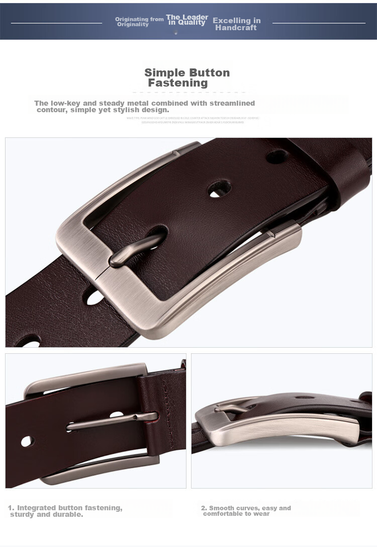 Cattlesboss Men's Genuine Leather Belt with Pin Buckle, Top-Grain Cowhide Waistband 1253 Gift for Dad, Dark Brown, 120cm 5