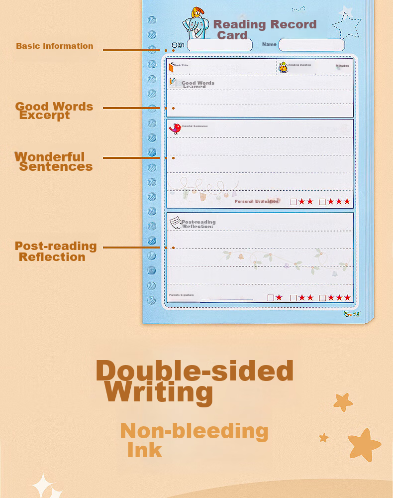 Sannianerban A5/200 Sheets Landscape Blue Extra-Padded Reading Record Card, Reading Notebook, Copybook, Elementary School Student Extracurricular Reading, Good Words And Sentences Collection Book 4
