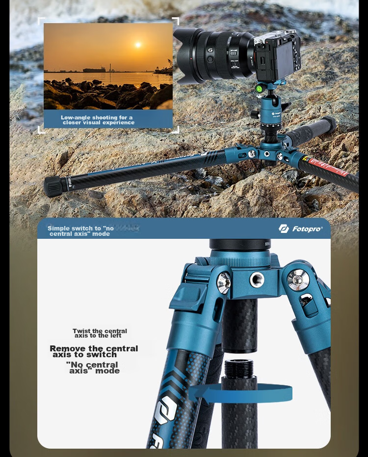 Fotopro Air Three Dual Panoramic Carbon Fiber Camera Tripod for Mirrorless And DSLR Photography And Videography, Deep Blue, Weight/0.9KG, Phone Clamp 19