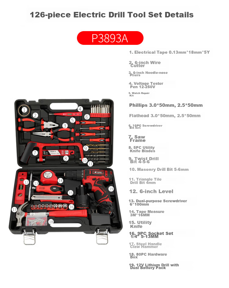 Kafuweier 126-Piece Electric Drill Tool Box Set, Household Double Battery Electric Screwdriver Set, Hardware Tools P3893A 2