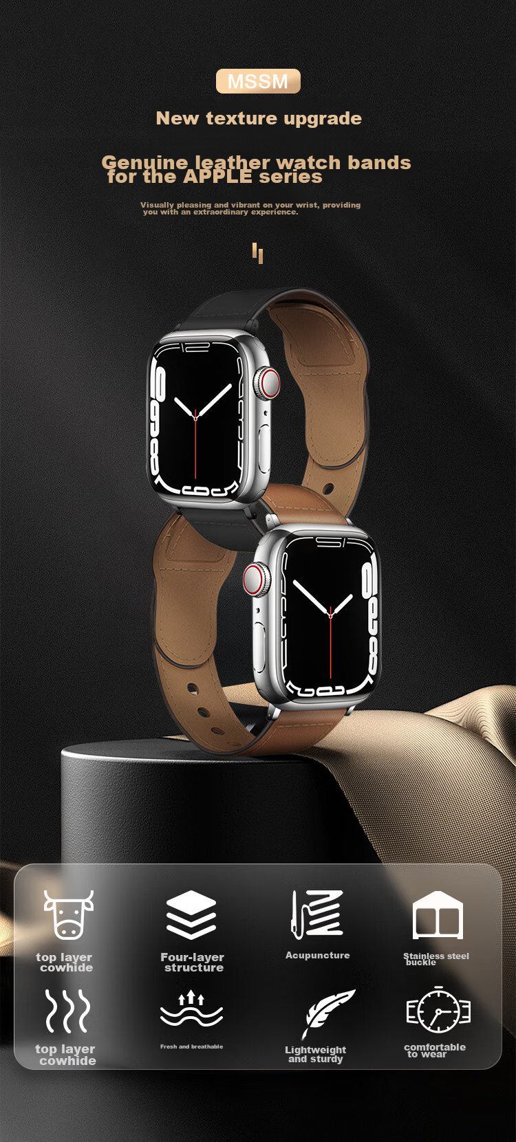 MSSM Leather Watch Strap Compatible with Apple Watch, Swift Cowhide Band for IWatch S12/11/ultra4/S10/9/SE3 - Brown 44-49 1
