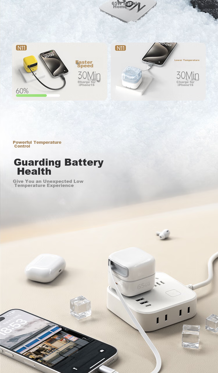 WOPOW [Built-In Retractable Cable] 65W GaN Desktop Charger, Multi-Port PD Fast Charging, Low Temperature Operation without Heating, Suitable for Apple Huawei Xiaomi Android Laptops, White 6