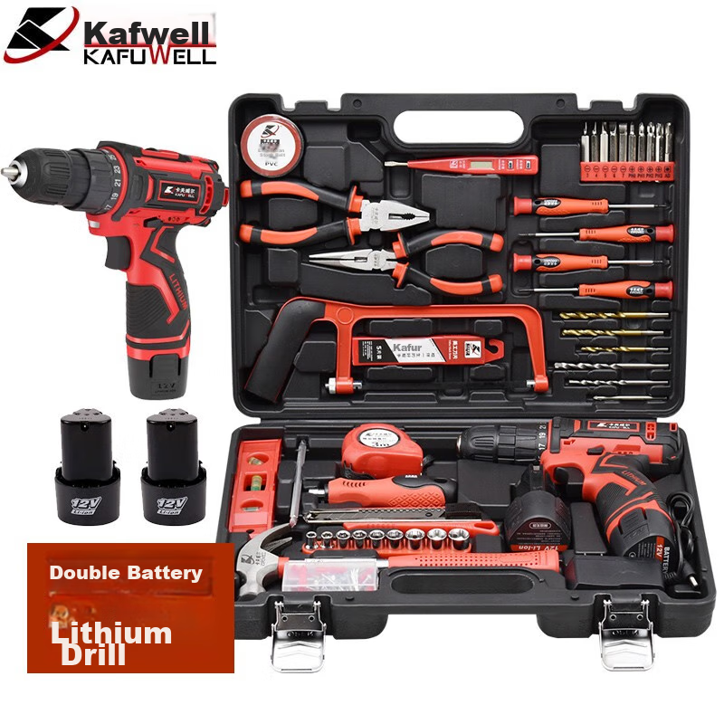 Kafuweier 126-Piece Electric Drill Tool Box Set, Household Double Battery Electric Screwdriver Set, Hardware Tools P3893A