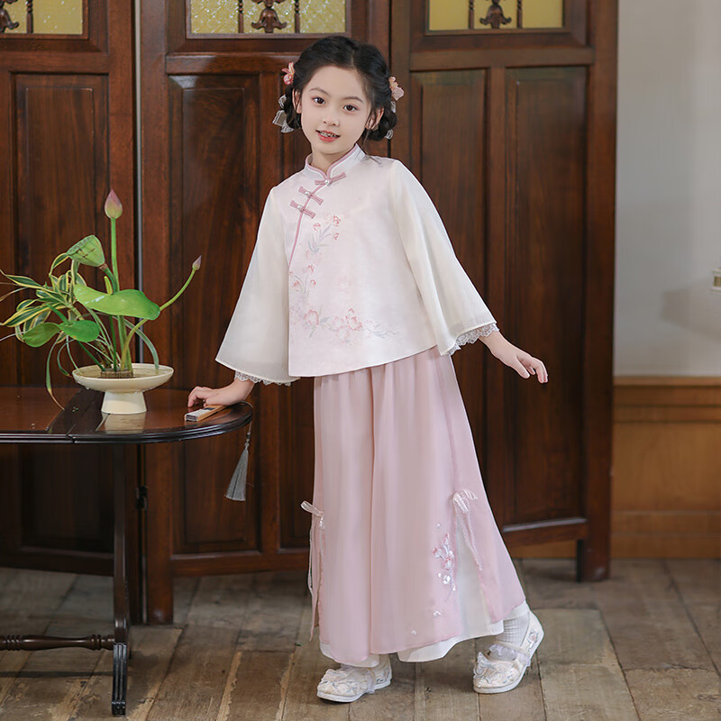 Qibo Hanfu Girls' Spring And Autumn 2026 Mid-Autumn Festival New Style Chinese-Style Tang Suit Children's Outfit Set, Floral Rain Pink, Size 140
