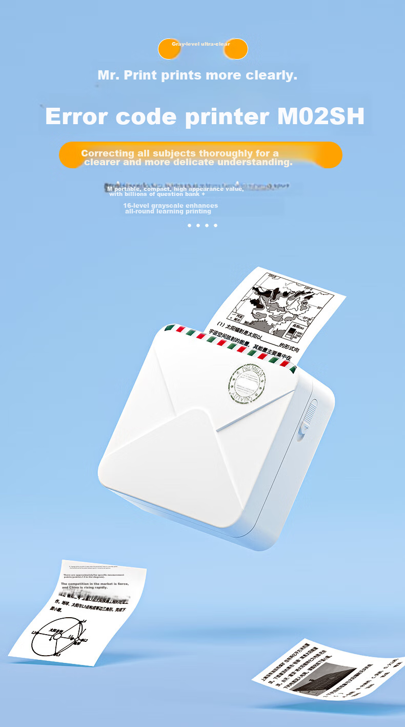 MR.IN M02SH 2-Inch Ultra-Clear Gray Scale Error Printer with Adhesive, Perfect for Primary And Secondary School Students' Error Correction without Copying, Compact Home Mini Learning Printer 2