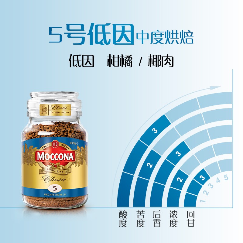 摩可纳（Moccona）经典5号低因冻干速溶黑咖啡100g瓶装 中度烘焙进口拿铁冰美式0糖