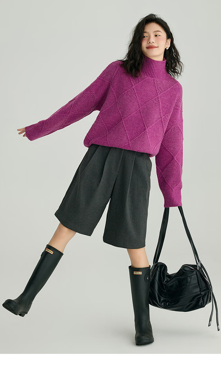 Demana Slightly Drunk Knitwear Stylish Diamond Pattern Slim Fit Sweater for Women Purple Red S 8