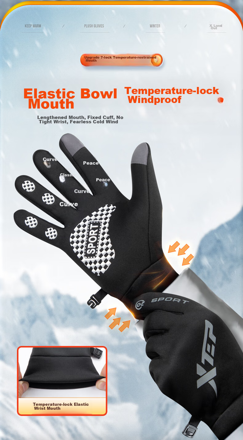 XTEP Gloves, Winter Cycling, Warm, Windproof, for Electric Motorcycles, Running, Outdoor Skiing, Men's And Women's Bicycles, Fleece-Lined, Touchscreen Compatible 24