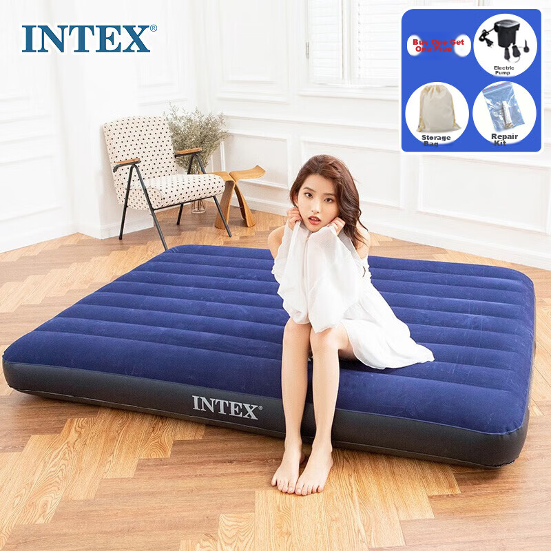 INTEX Inflatable Mattress, Floor Sleeping Air Bed, Outdoor Camping Moisture-Proof Mat, Home Use Double Folding Bed, 64759N
