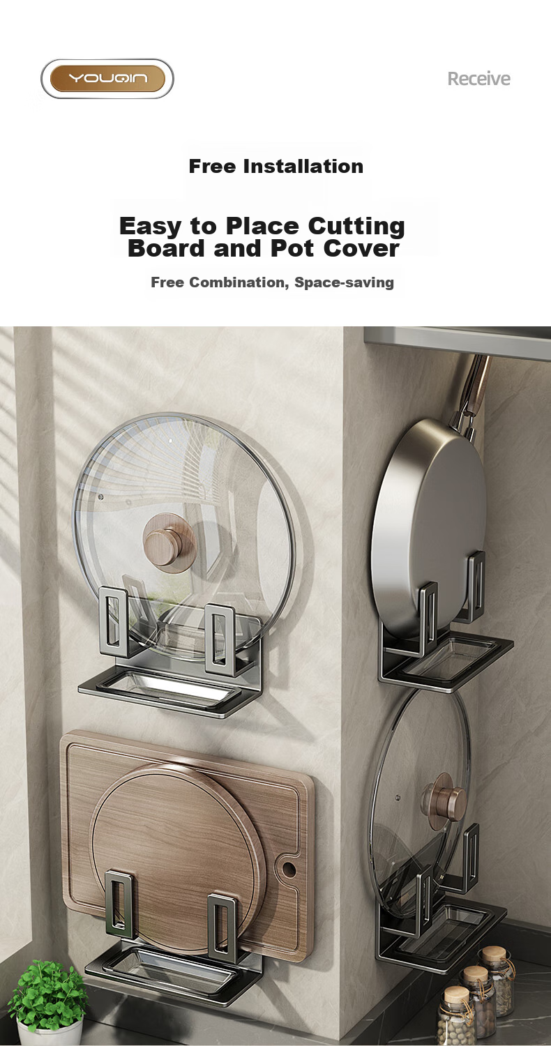 Jiadu No-Drill Pot Lid Rack, Kitchen Storage Shelf, Wall-Mounted Chopping Board Holder, Multifunctional Wall Organizer Rack 8