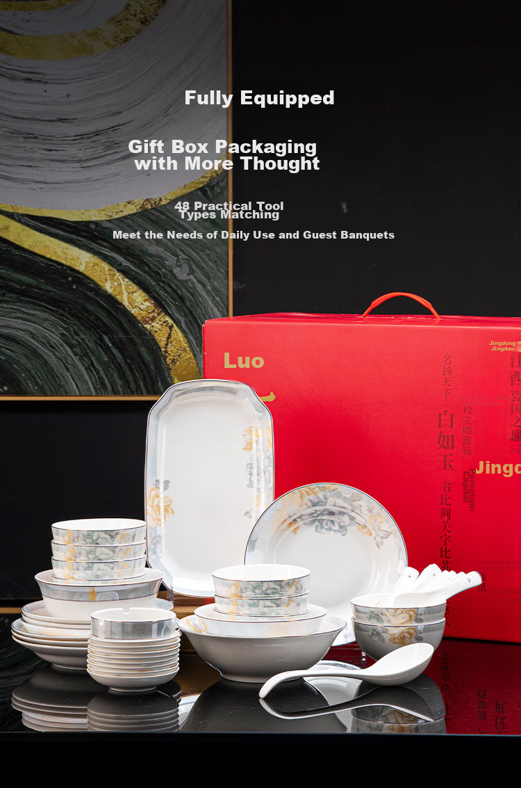 JD Original Bowl And Plate Tableware Set, Ceramic Dinnerware Gift Box for Housewarming, Yilan Youmeng 48-Piece 11